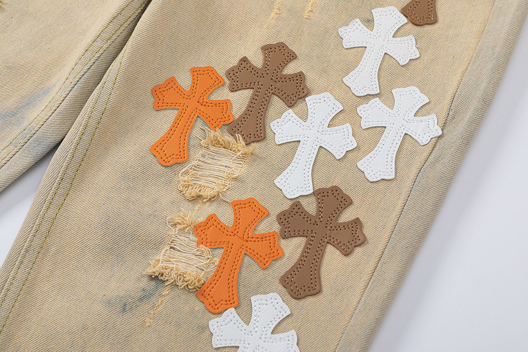 CHROME HEARTS ORANGE BROWN CROSS PATCH JEANS BEIGE - netstar®