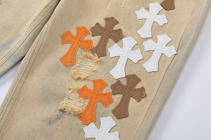 CHROME HEARTS ORANGE BROWN CROSS PATCH JEANS BEIGE - netstar®