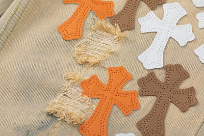 CHROME HEARTS ORANGE BROWN CROSS PATCH JEANS BEIGE - netstar®