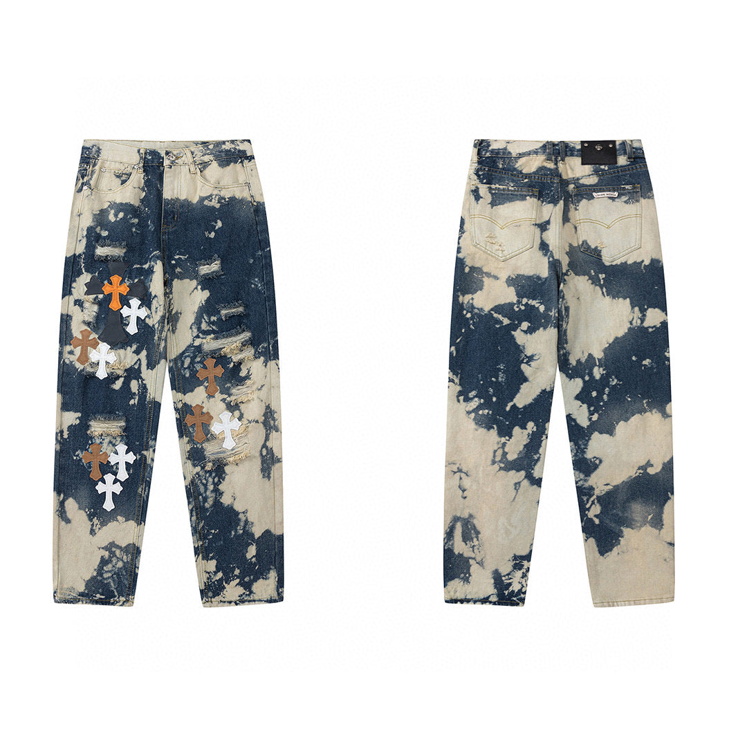 CHROME HEARTS TIE DYE WHITE ORANGE CROSS PATCH JEANS - netstar®