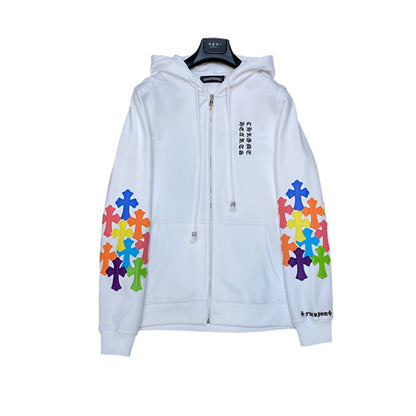 CHROME HEARTS MULTICOLOR CROSS PATCH ZIPPER HOODIE WHITE