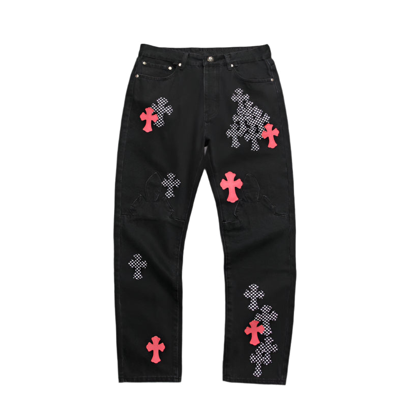 CHROME HEARTS PINK & CHECKERED CROSS PATCH FLEURKNEE JEANS BLACK - netstar®