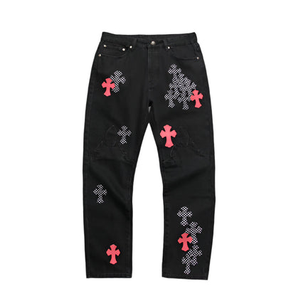 CHROME HEARTS PINK & CHECKERED CROSS PATCH FLEURKNEE JEANS BLACK - netstar®