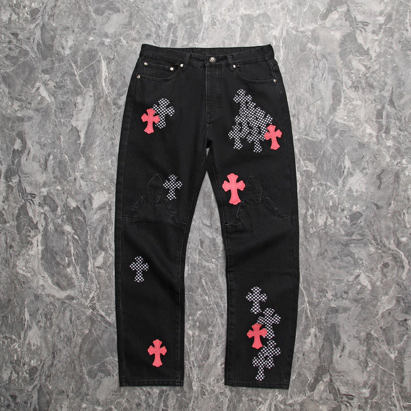 CHROME HEARTS PINK & CHECKERED CROSS PATCH FLEURKNEE JEANS BLACK - netstar®