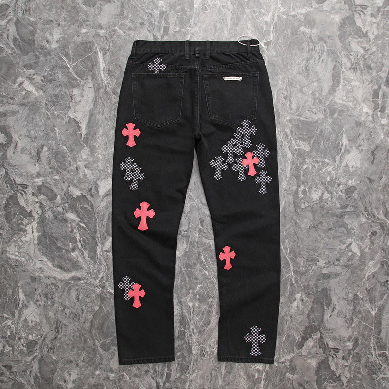 CHROME HEARTS PINK & CHECKERED CROSS PATCH FLEURKNEE JEANS BLACK - netstar®