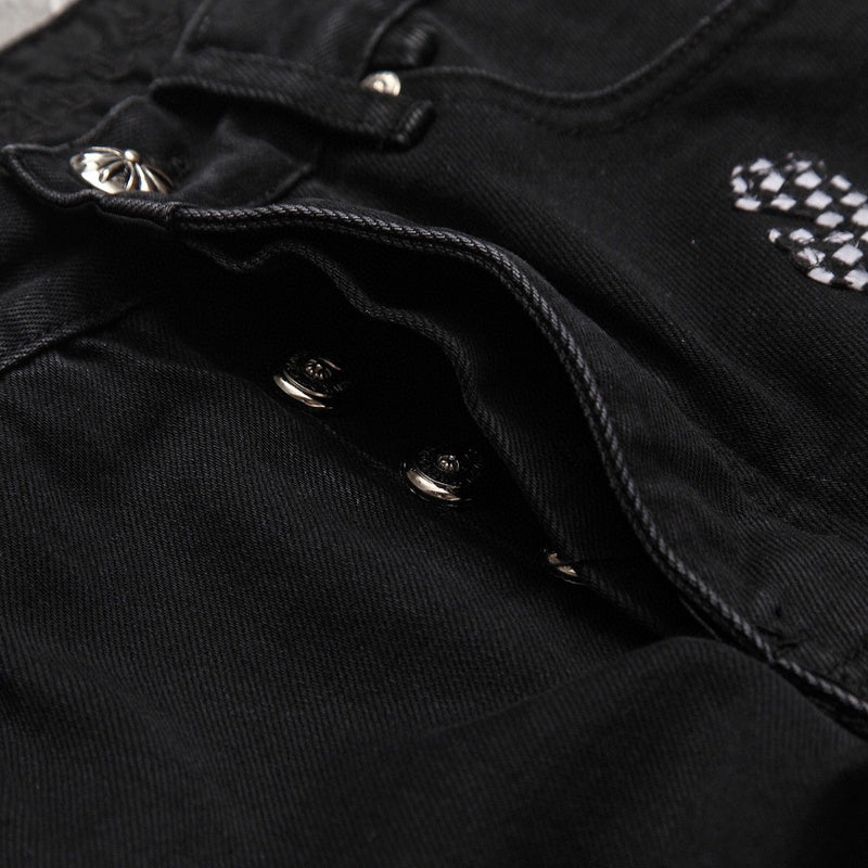 CHROME HEARTS PINK & CHECKERED CROSS PATCH FLEURKNEE JEANS BLACK - netstar®