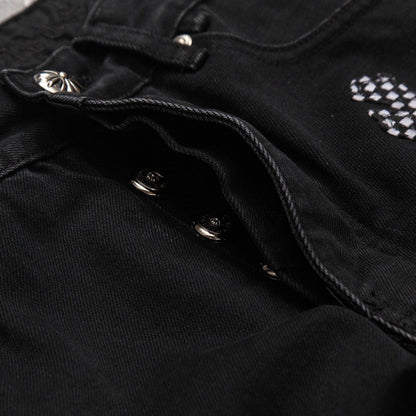 CHROME HEARTS PINK & CHECKERED CROSS PATCH FLEURKNEE JEANS BLACK - netstar®