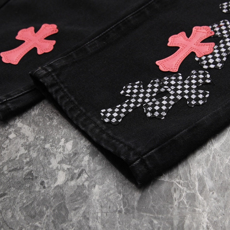 CHROME HEARTS PINK & CHECKERED CROSS PATCH FLEURKNEE JEANS BLACK - netstar®
