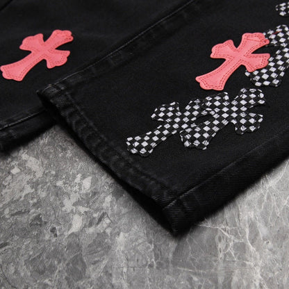 CHROME HEARTS PINK & CHECKERED CROSS PATCH FLEURKNEE JEANS BLACK - netstar®