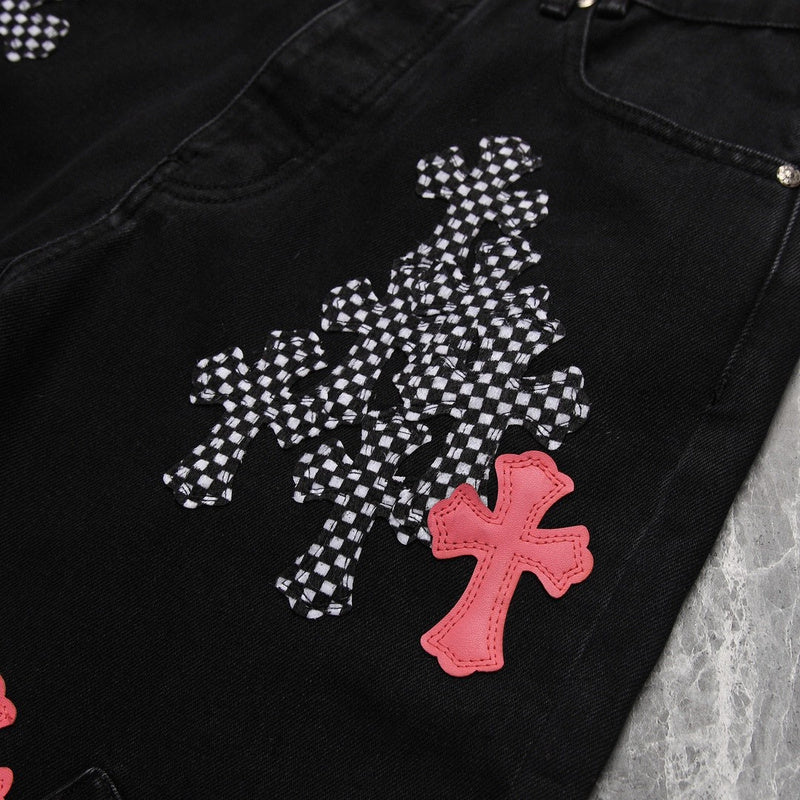 CHROME HEARTS PINK & CHECKERED CROSS PATCH FLEURKNEE JEANS BLACK - netstar®