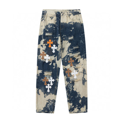 CHROME HEARTS TIE DYE WHITE ORANGE CROSS PATCH JEANS - netstar®