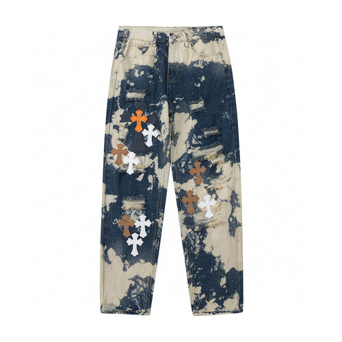 CHROME HEARTS TIE DYE WHITE ORANGE CROSS PATCH JEANS - netstar®
