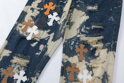 CHROME HEARTS TIE DYE WHITE ORANGE CROSS PATCH JEANS - netstar®