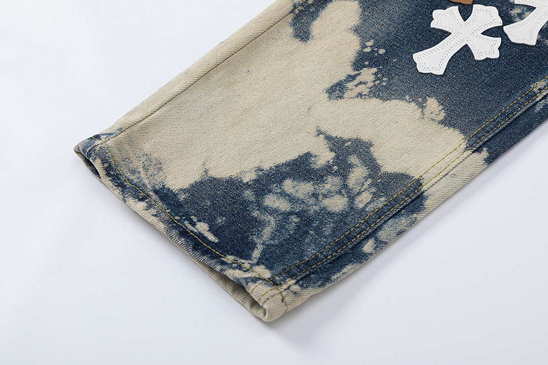 CHROME HEARTS TIE DYE WHITE ORANGE CROSS PATCH JEANS - netstar®